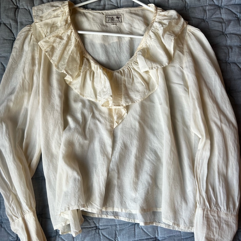 Mille Cream Ruffle V-Neck Long Sleeve Blouse - Women